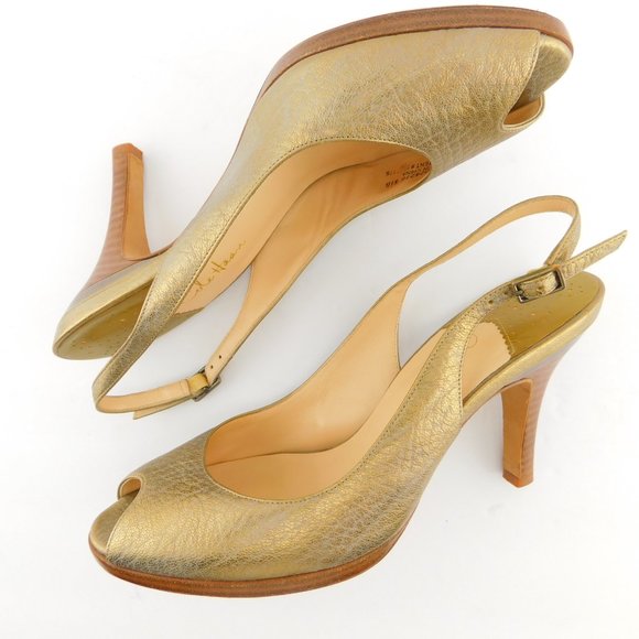 COLE HAAN Nike Air Blush Gold Leather Peep Toe Platform Sling Back Heel Pump 8.5 - Picture 5 of 10